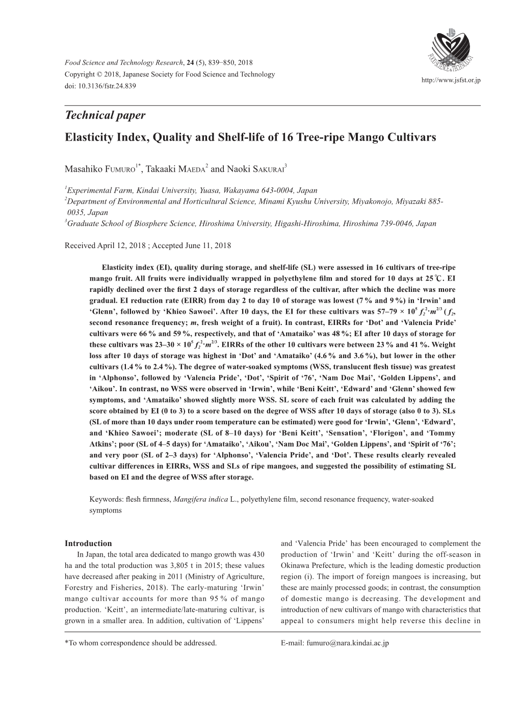 Technical Paper Elasticity Index, Quality and Shelf-Life of 16 Tree-Ripe Mango Cultivars