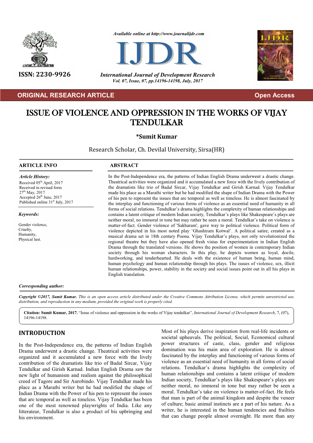 Issue of Violence and Oppression in the Works of Vijay Tendulkar