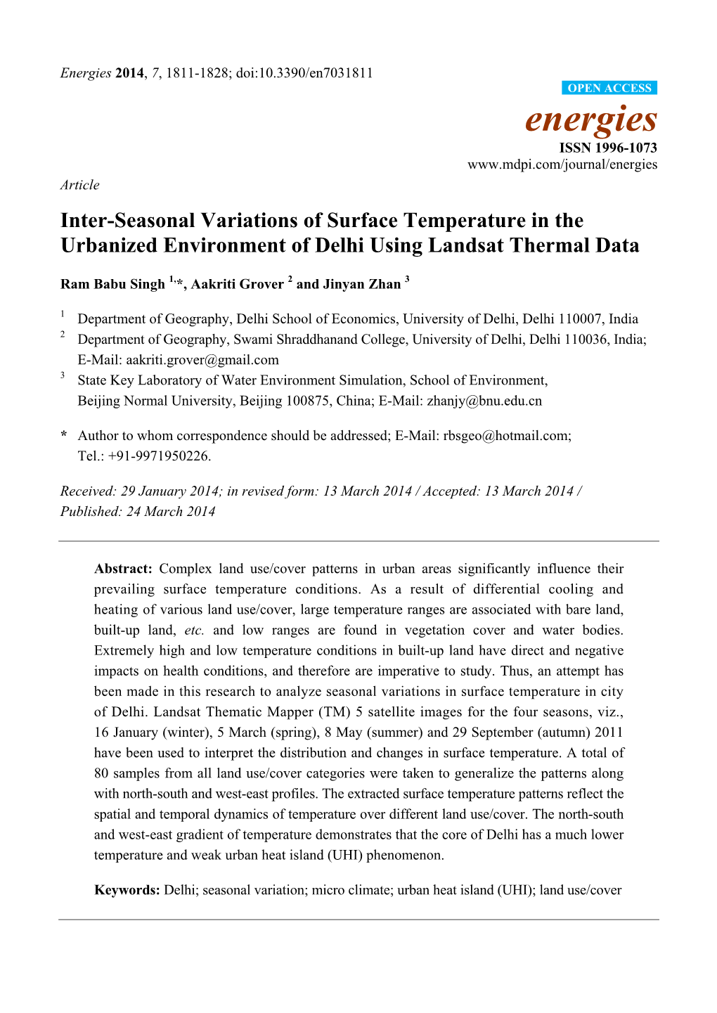 Inter-Seasonal Variations of Surface Temperature in the Urbanized Environment of Delhi Using Landsat Thermal Data