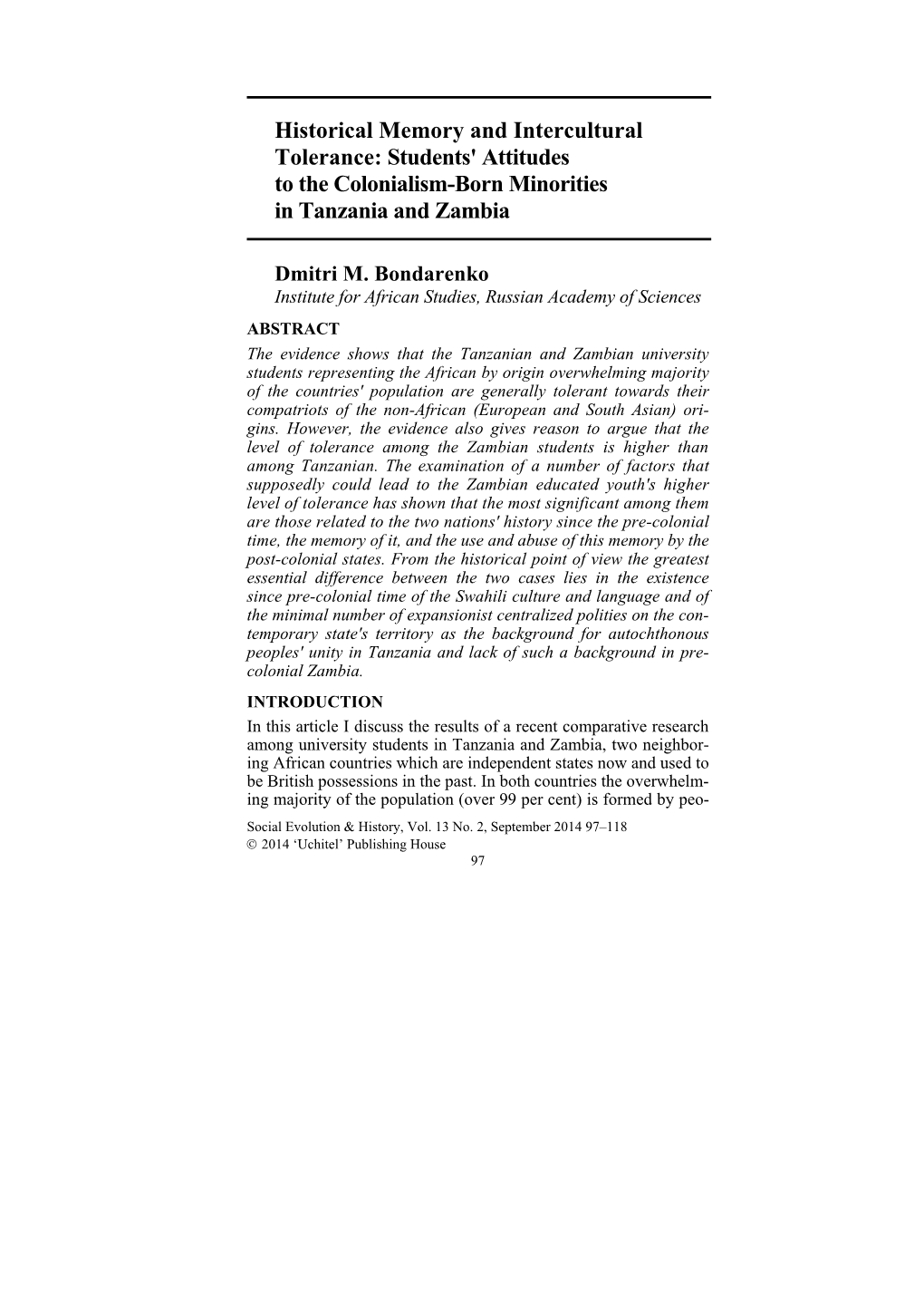 Historical Memory and Intercultural Tolerance: Students' Attitudes to the Colonialism-Born Minorities in Tanzania and Zambia