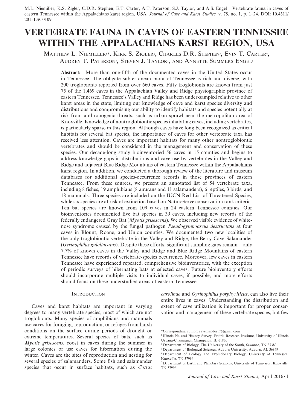 Vertebrate Fauna in Caves of Eastern Tennessee Within the Appalachians Karst Region, USA