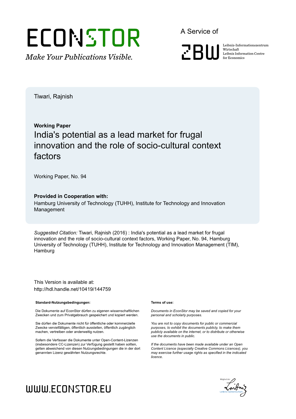 India's Potential As a Lead Market for Frugal Innovation and the Role of Socio-Cultural Context Factors