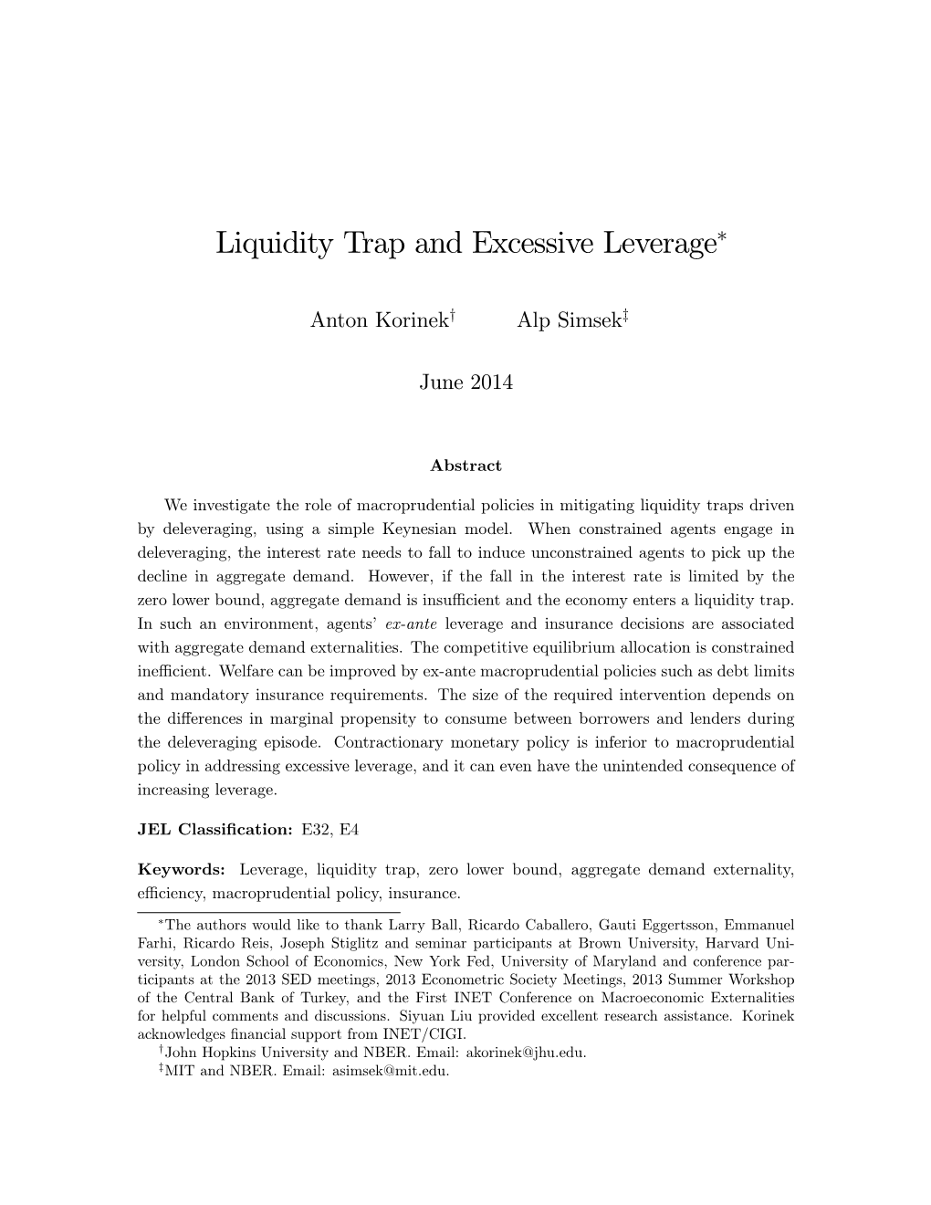 Liquidity Trap and Excessive Leverage∗