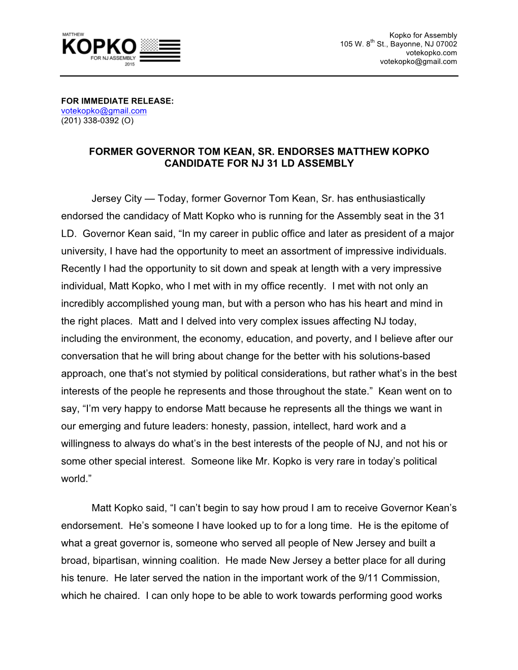 Former Governor Tom Kean, Sr. Endorses Matthew Kopko Candidate for Nj 31 Ld Assembly