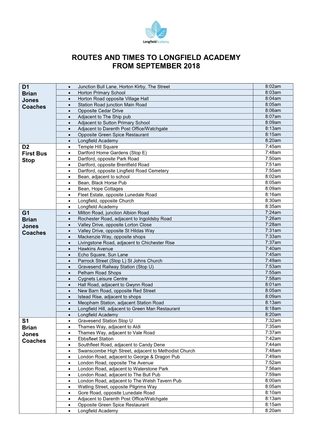 Routes and Times to Longfield Academy from September 2018