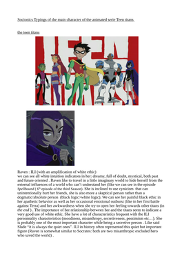 Socionics Typings of the Main Character of the Animated Serie Teen Titans the Teen Titans