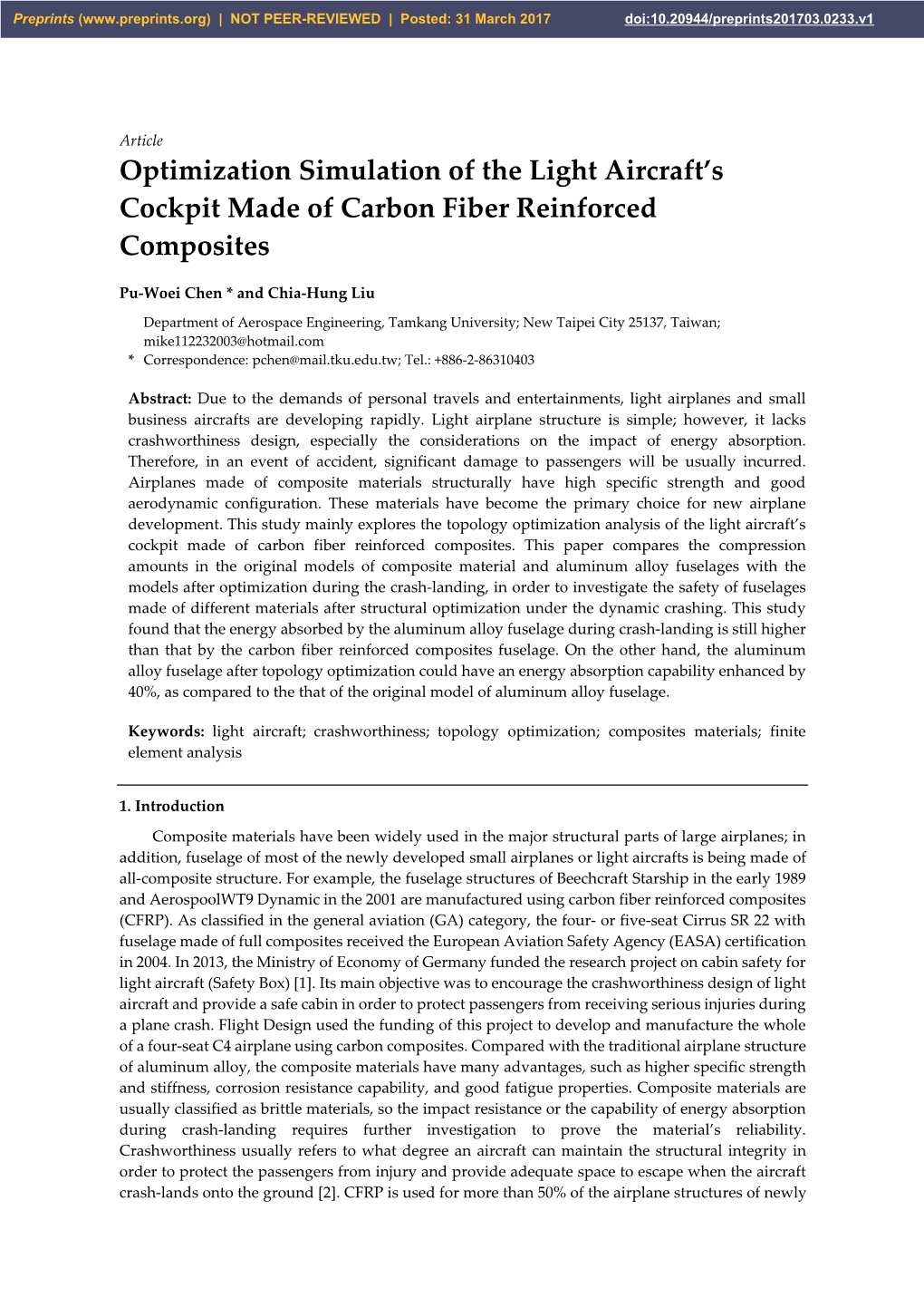 Optimization Simulation of the Light Aircraft's Cockpit Made of Carbon