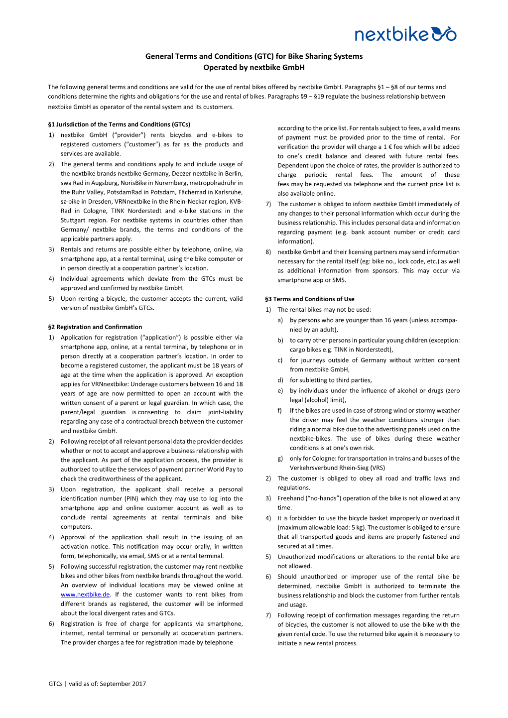 General Terms and Conditions (GTC) for Bike Sharing Systems Operated by Nextbike Gmbh