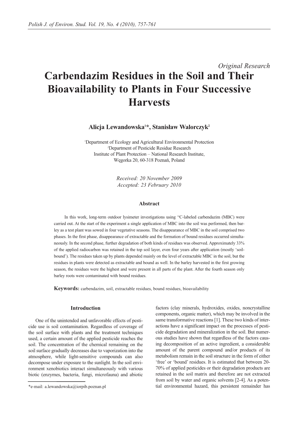 Carbendazim Residues in the Soil and Their Bioavailability to Plants in Four Successive Harvests