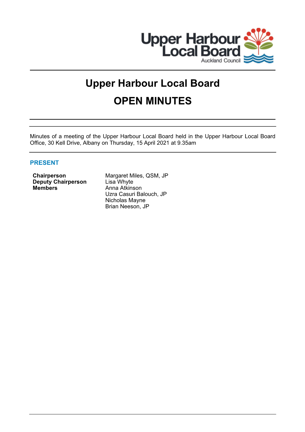 Minutes of Upper Harbour Local Board
