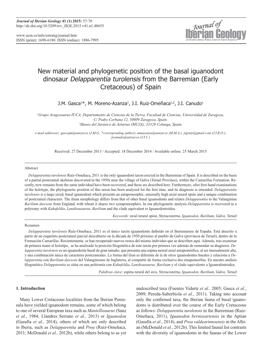 New Material and Phylogenetic Position of the Basal Iguanodont Dinosaur Delapparentia Turolensis from the Barremian (Early Cretaceous) of Spain