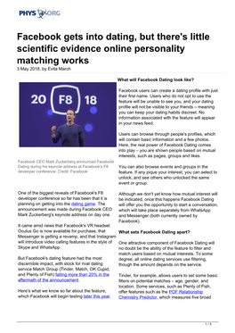 Facebook Gets Into Dating, but There's Little Scientific Evidence Online Personality Matching Works 3 May 2018, by Evita March