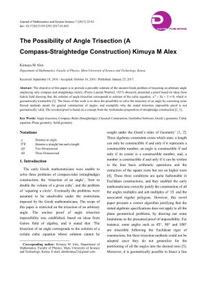 The Possibility of Angle Trisection (A Compass-Straightedge Construction) Kimuya M Alex