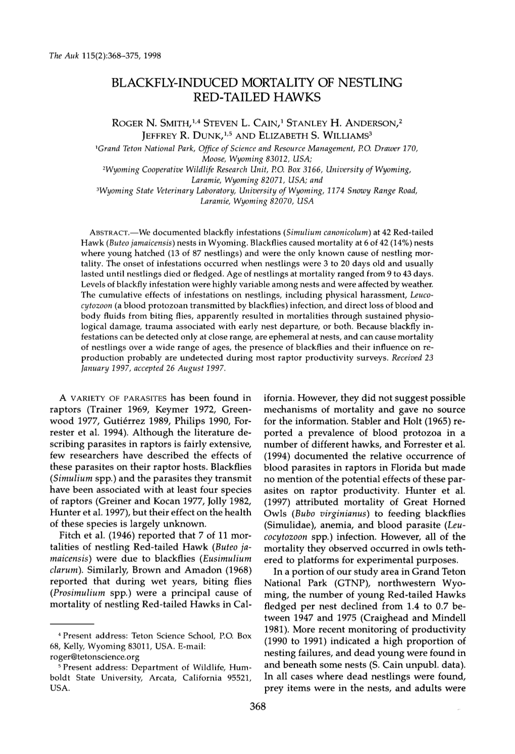 Blackfly-Induced Mortality of Nestling Red-Tailed Hawks