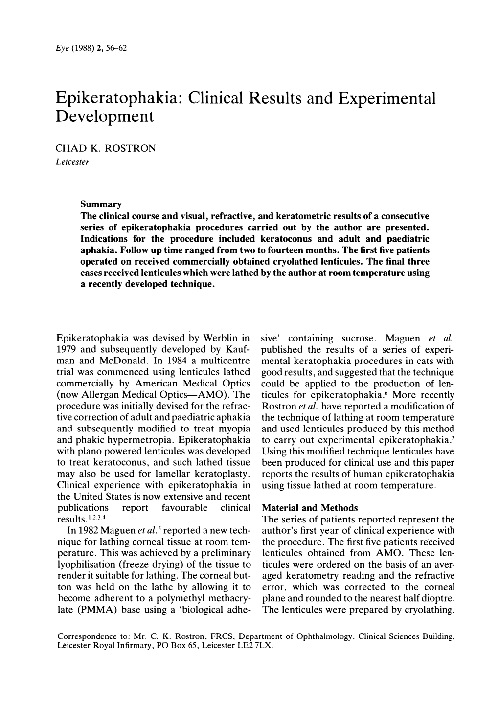 Epikeratophakia: Clinical Results and Experimental Development