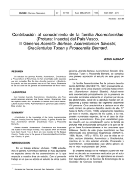 Contribución Al Conocimiento De La Familia Acerentomidae (Protura: Insecta) Del País Vasco. II Géneros Acerella Berlese, Acer