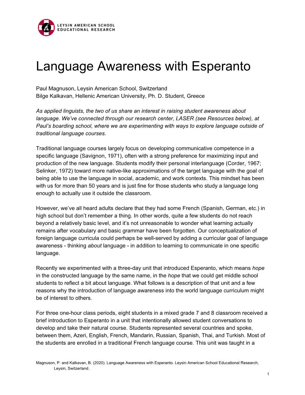 Language Awareness with Esperanto