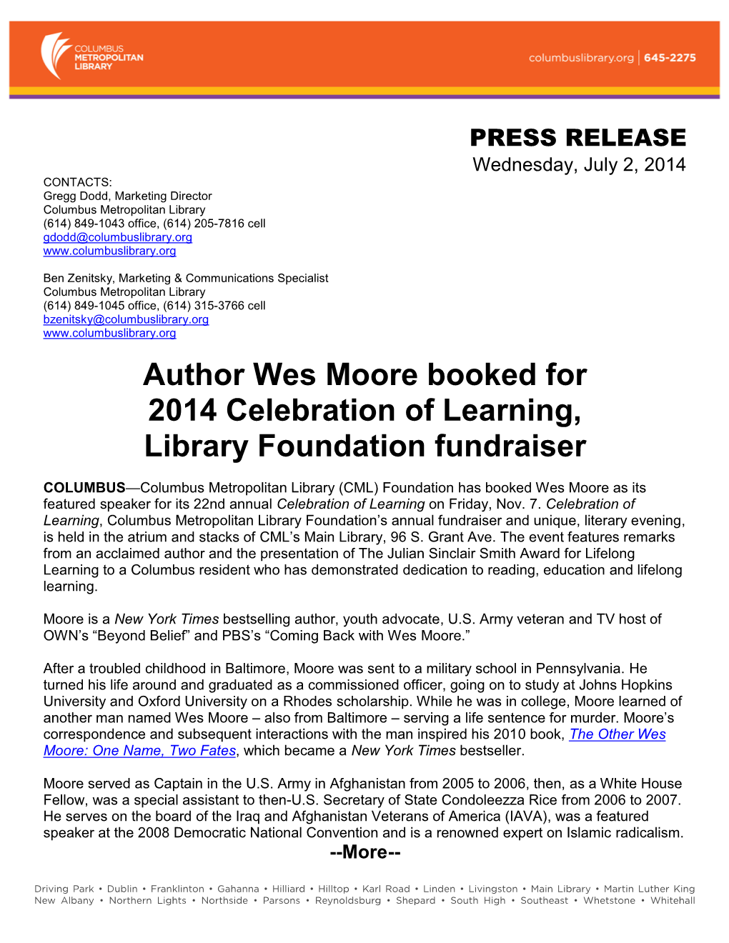 Author Wes Moore Booked for 2014 Celebration of Learning, Library Foundation Fundraiser