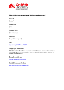 The Gold Coast As a City of 'Adolescent Urbanism'
