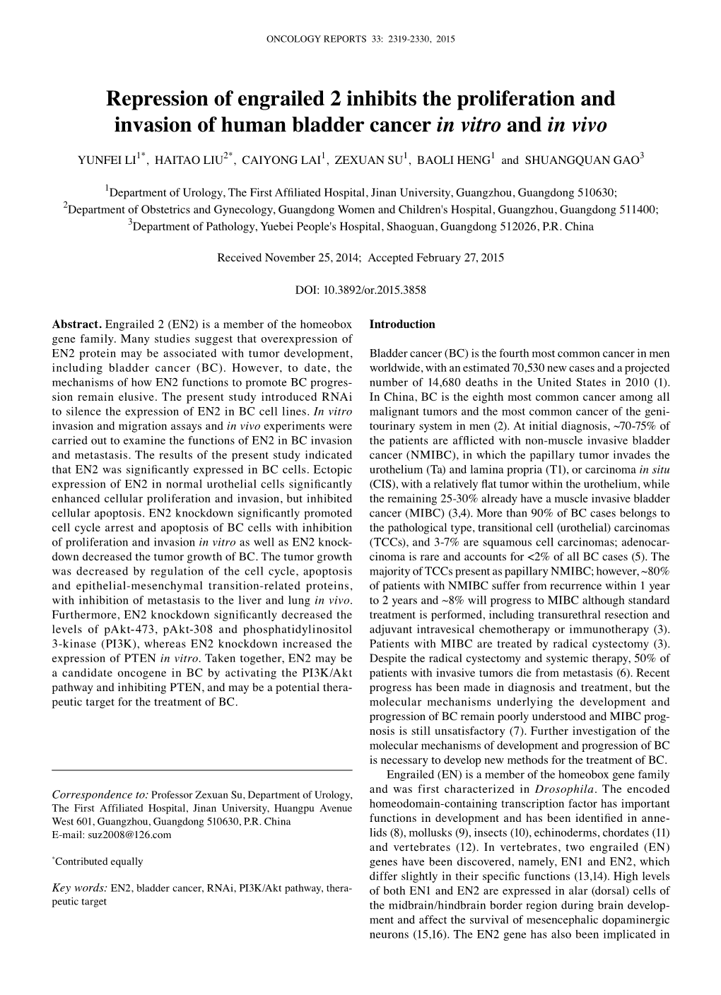 Repression of Engrailed 2 Inhibits the Proliferation and Invasion of Human Bladder Cancer in Vitro and in Vivo