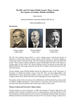 The RSC and SCI Joint Colloids Group's Three Awards: the Legacies of Graham, Mcbain and Rideal