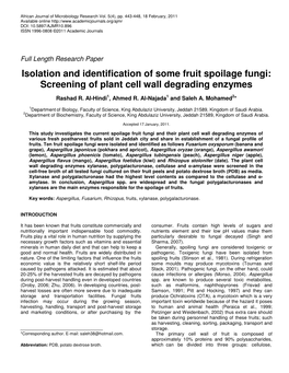 Isolation and Identification of Some Fruit Spoilage Fungi: Screening of Plant Cell Wall Degrading Enzymes