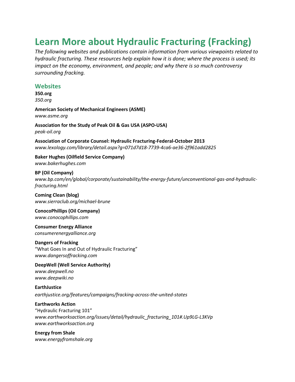 Hydraulic Fracturing (Fracking) the Following Websites and Publications Contain Information from Various Viewpoints Related to Hydraulic Fracturing