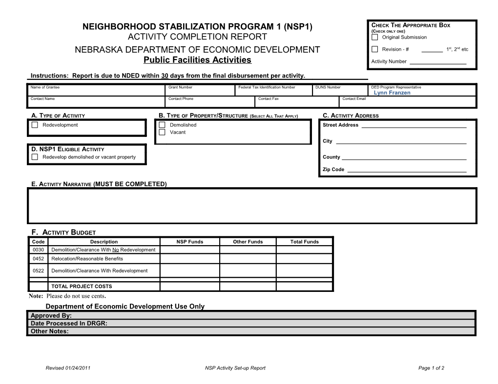 NSP Activity Set-Up Report