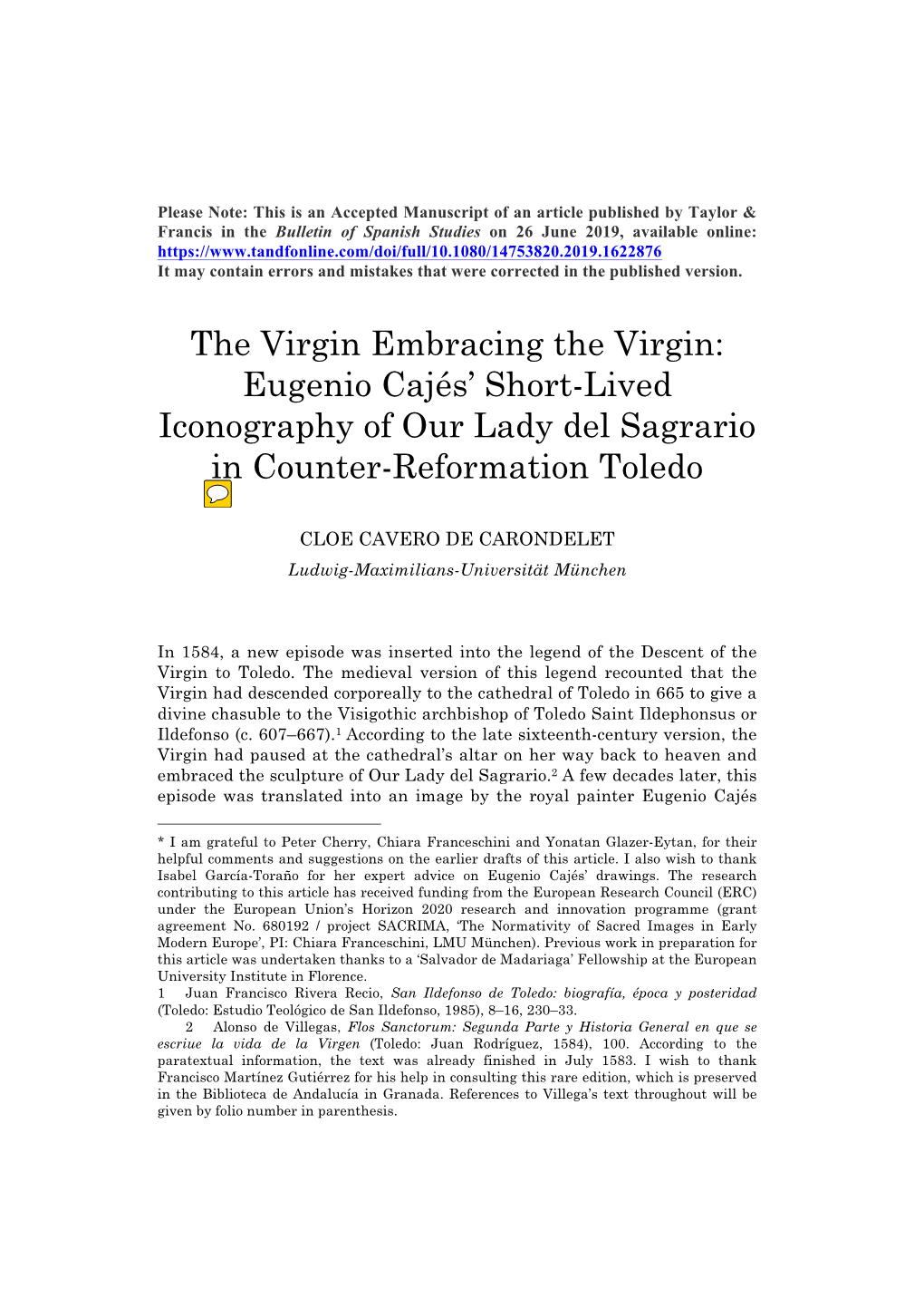 The Virgin Embracing the Virgin: Eugenio Cajés’ Short-Lived Iconography of Our Lady Del Sagrario in Counter-Reformation Toledo