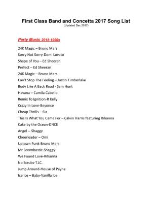 First Class Band and Concetta 2017 Song List (Updated Dec 2017)