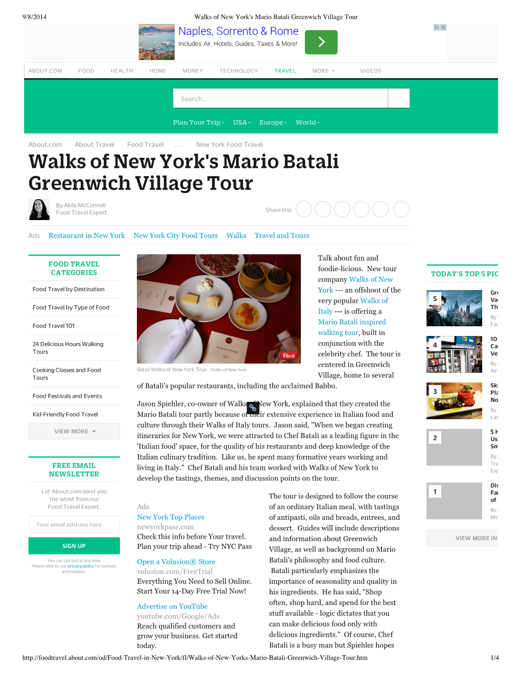 Walks of New York's Mario Batali Greenwich Village Tour Naples, Sorrento & Rome Includes Air, Hotels, Guides, Taxes & More!