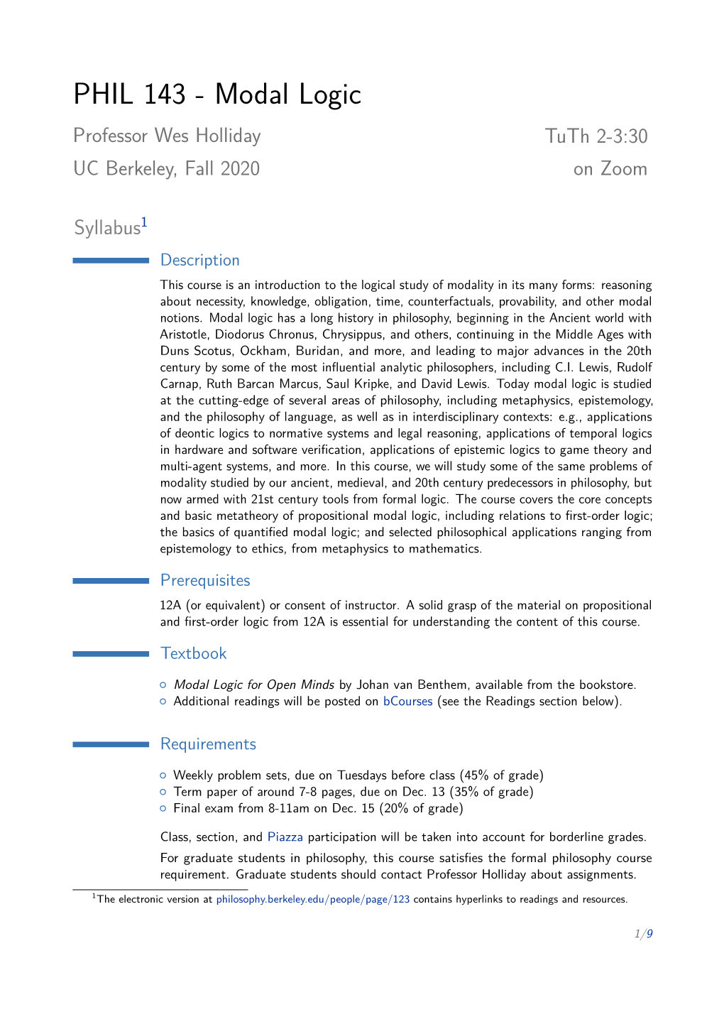 Modal Logic Professor Wes Holliday Tuth 2-3:30 UC Berkeley, Fall 2020 on Zoom