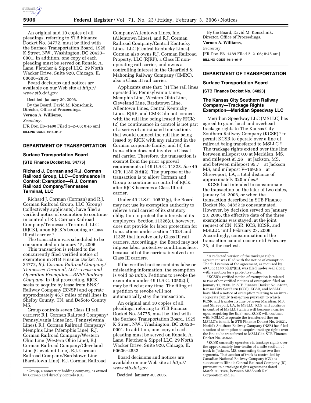 Federal Register/Vol. 71, No. 23/Friday, February 3, 2006/Notices