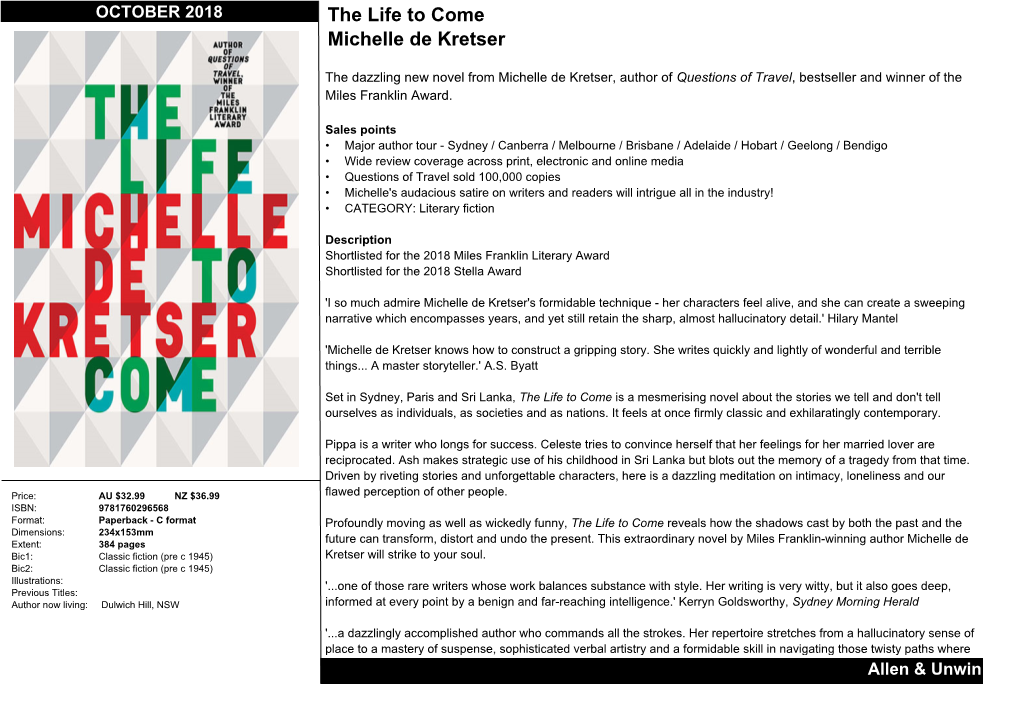 The Life to Come Michelle De Kretser