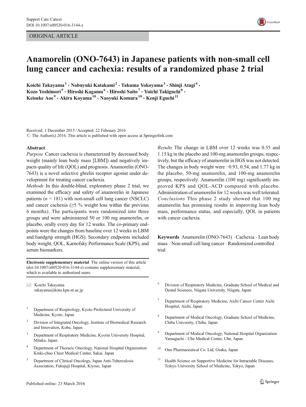 In Japanese Patients with Non-Small Cell Lung Cancer and Cachexia: Results of a Randomized Phase 2 Trial