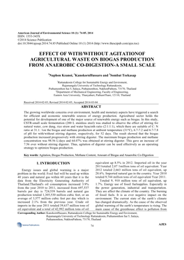 Effect of With/Without Agitationof Agricultural Waste on Biogas Production from Anaerobic Co-Digestion-A Small Scale