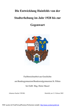 Die Entwicklung Hainfelds Von Der Stadterhebung Im Jahr 1928 Bis Zur Gegenwart“ Auseinander