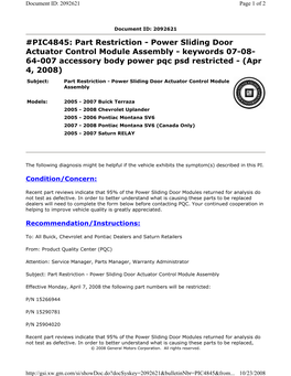 Part Restriction - Power Sliding Door Actuator Control Module Assembly - Keywords 07-08- 64-007 Accessory Body Power Pqc Psd Restricted - (Apr 4, 2008)