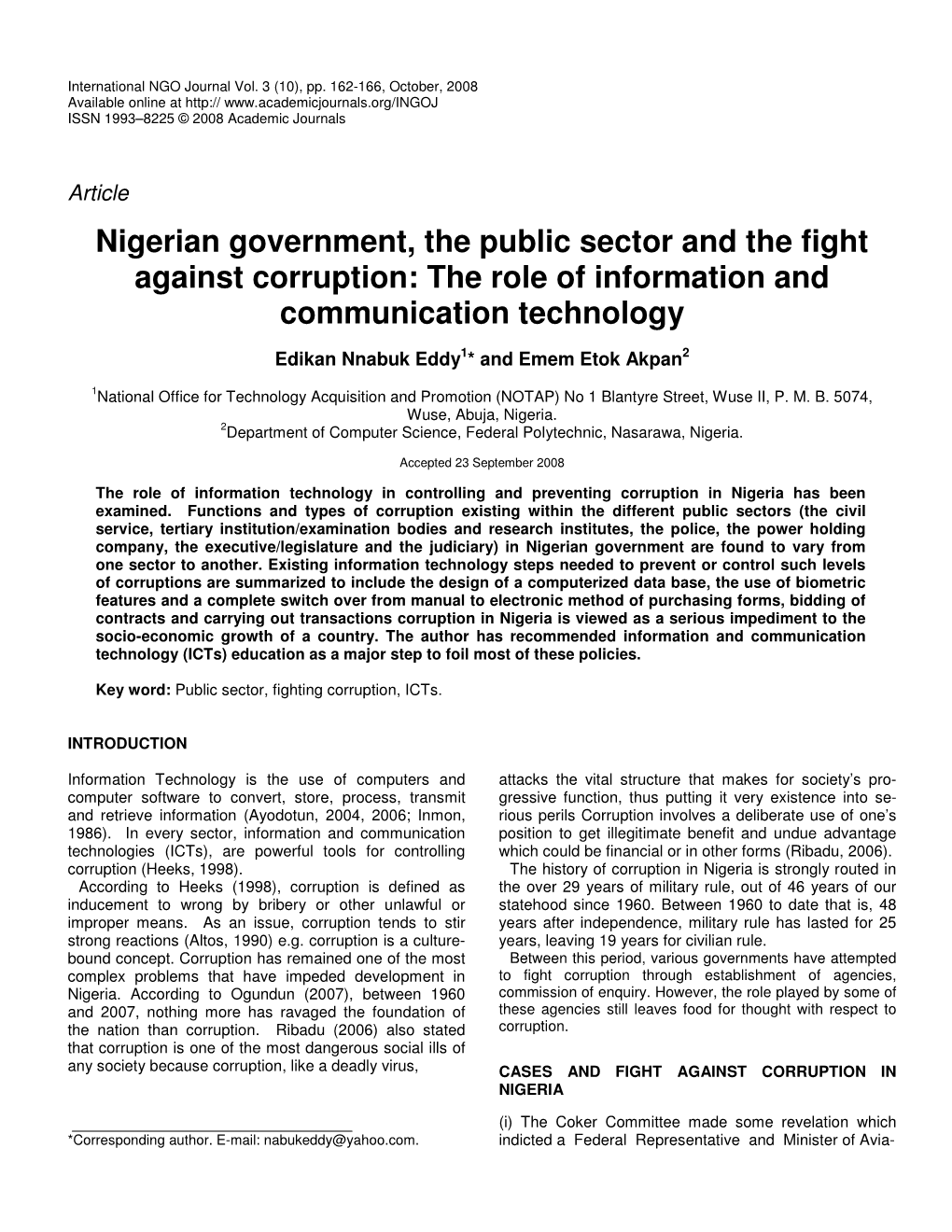 Nigerian Government, the Public Sector and the Fight Against Corruption: the Role of Information and Communication Technology