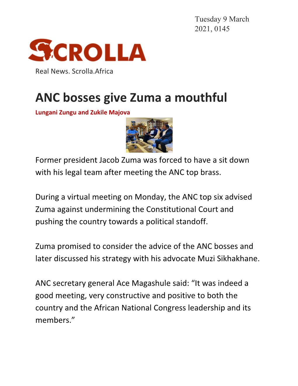 ANC Bosses Give Zuma a Mouthful Lungani Zungu and Zukile Majova
