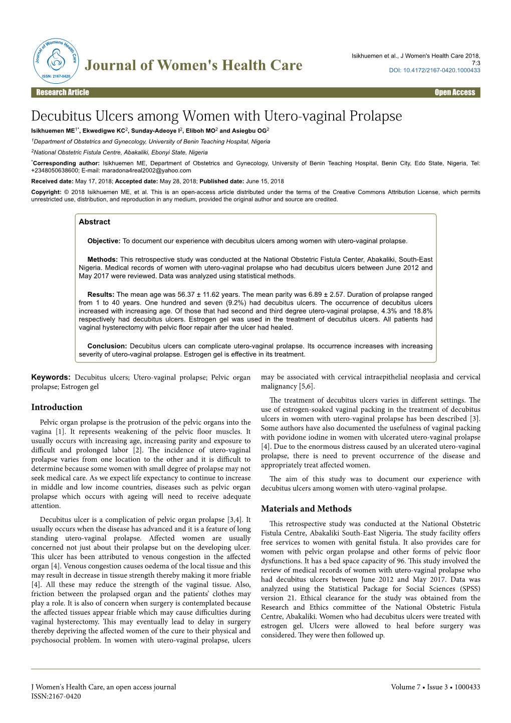 Decubitus Ulcers Among Women with Utero-Vaginal Prolapse