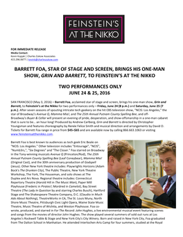 Barrett Foa, Star of Stage and Screen, Brings His One-Man Show, Grin and Barrett, to Feinstein’S at the Nikko