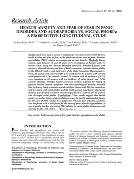 Health Anxiety and Fear of Fear in Panic Disorder and Agoraphobia Vs