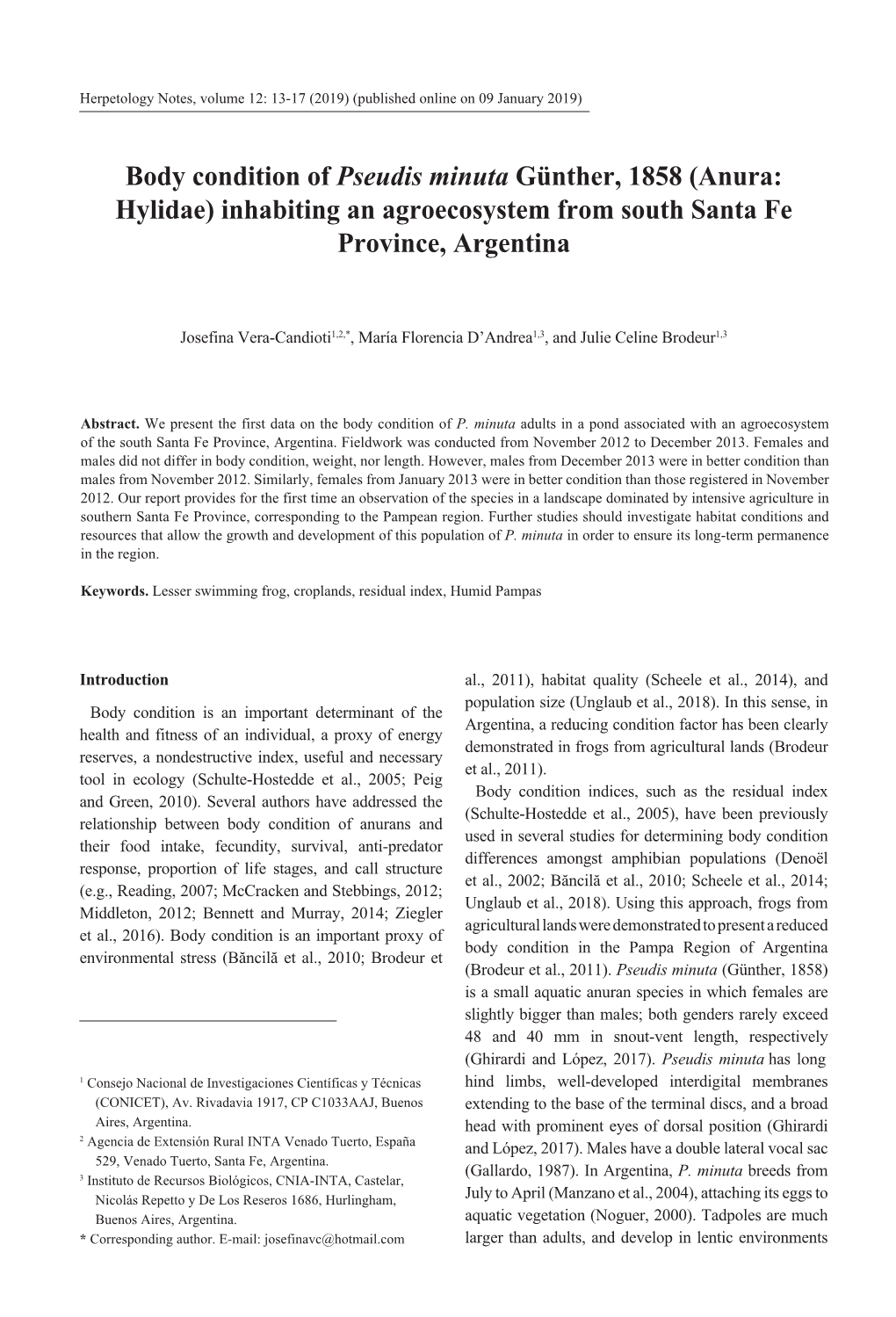 Body Condition of Pseudis Minuta Günther, 1858 (Anura: Hylidae) Inhabiting an Agroecosystem from South Santa Fe Province, Argentina