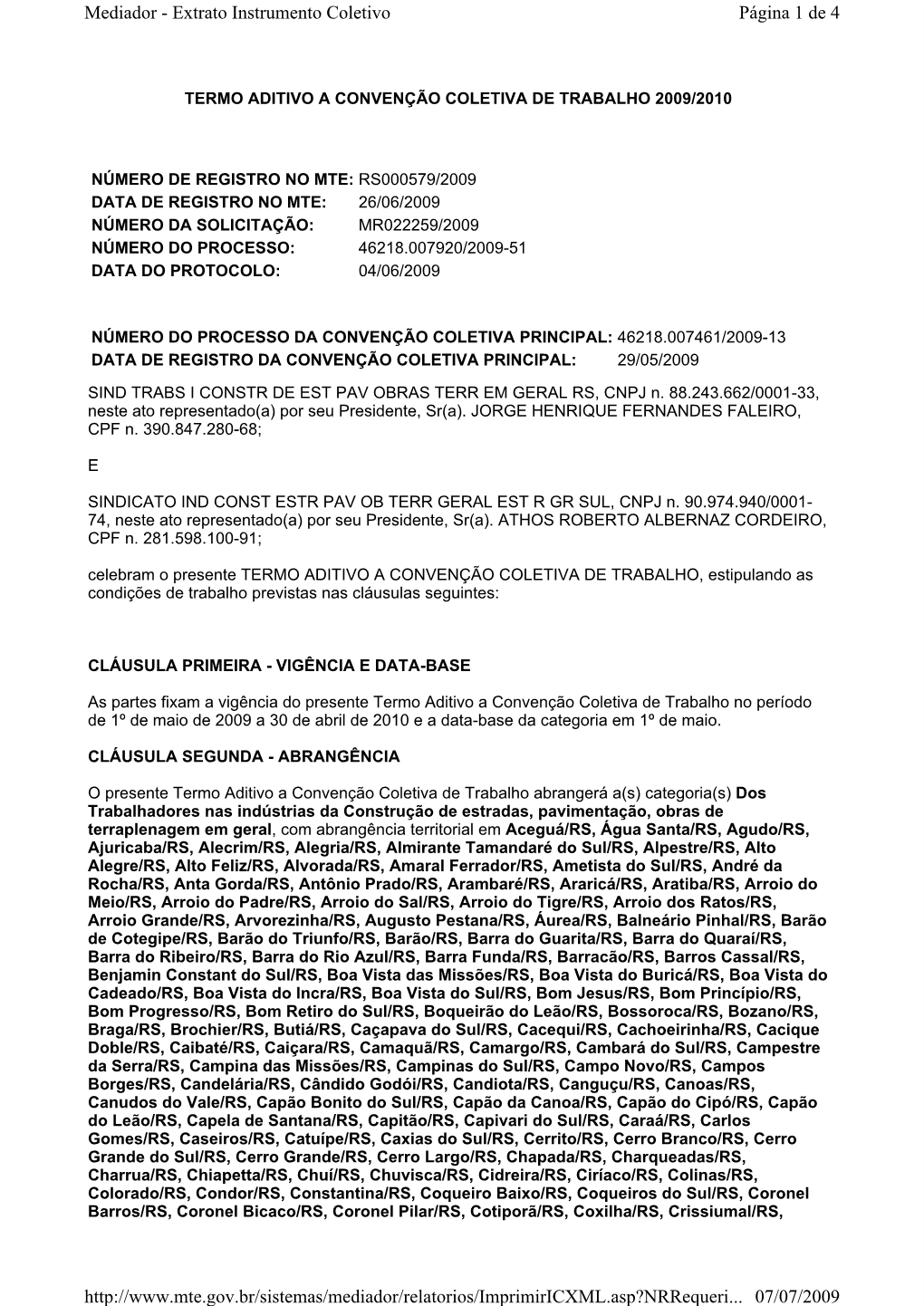 Termo Aditivo a Convenção Coletiva De Trabalho 2009/2010