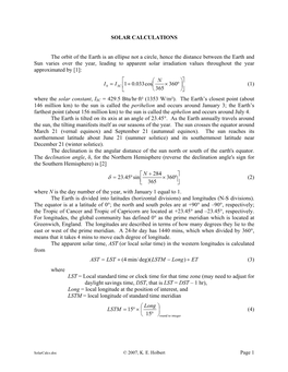 SOLAR CALCULATIONS the Orbit of the Earth Is an Ellipse Not a Circle