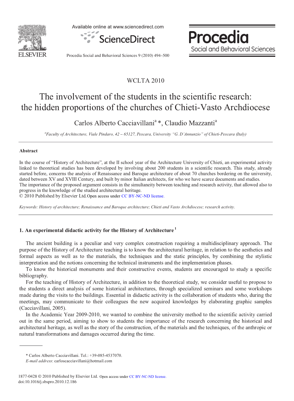 The Involvement of the Students in the Scientific Research: the Hidden Proportions of the Churches of Chieti-Vasto Archdiocese