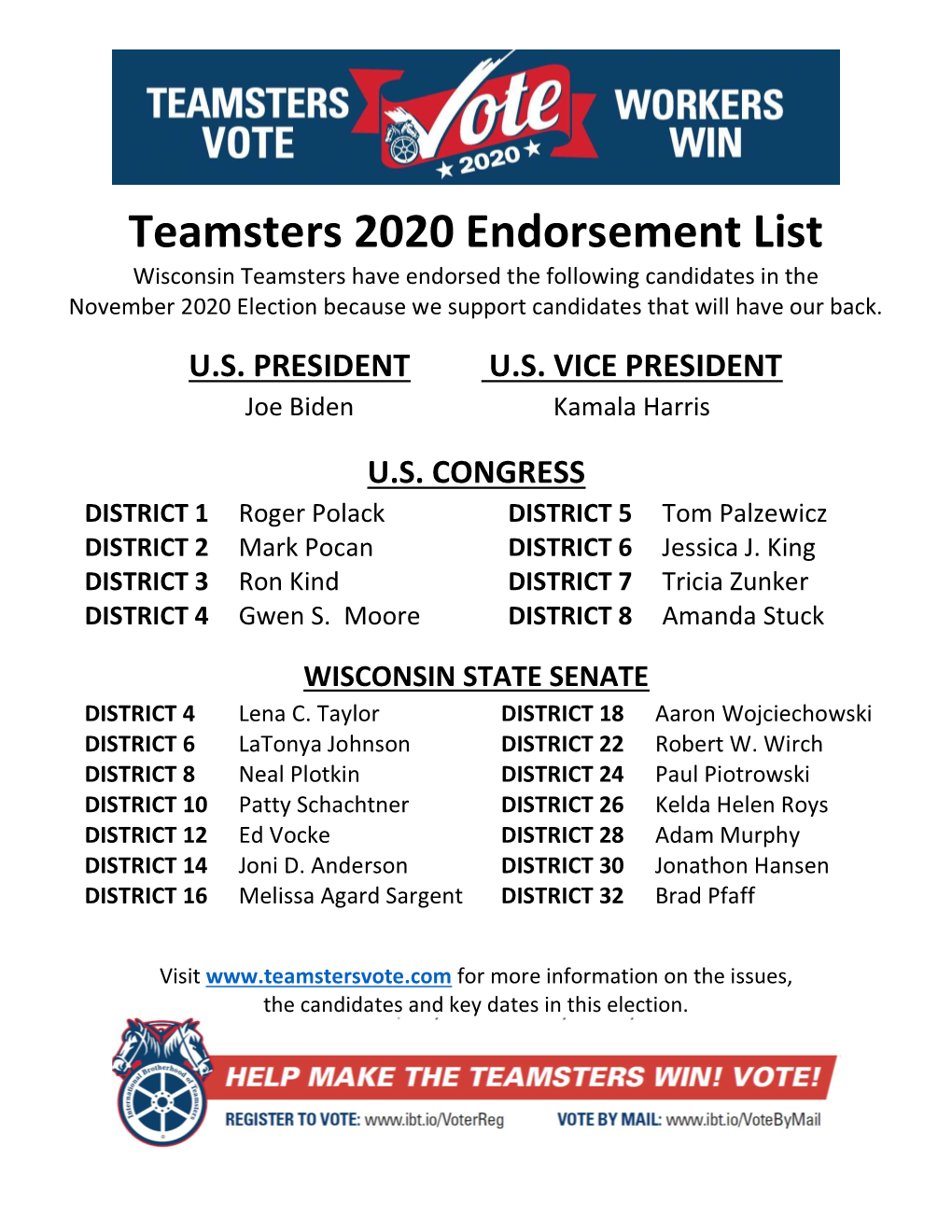 Teamsters 2020 Endorsement List