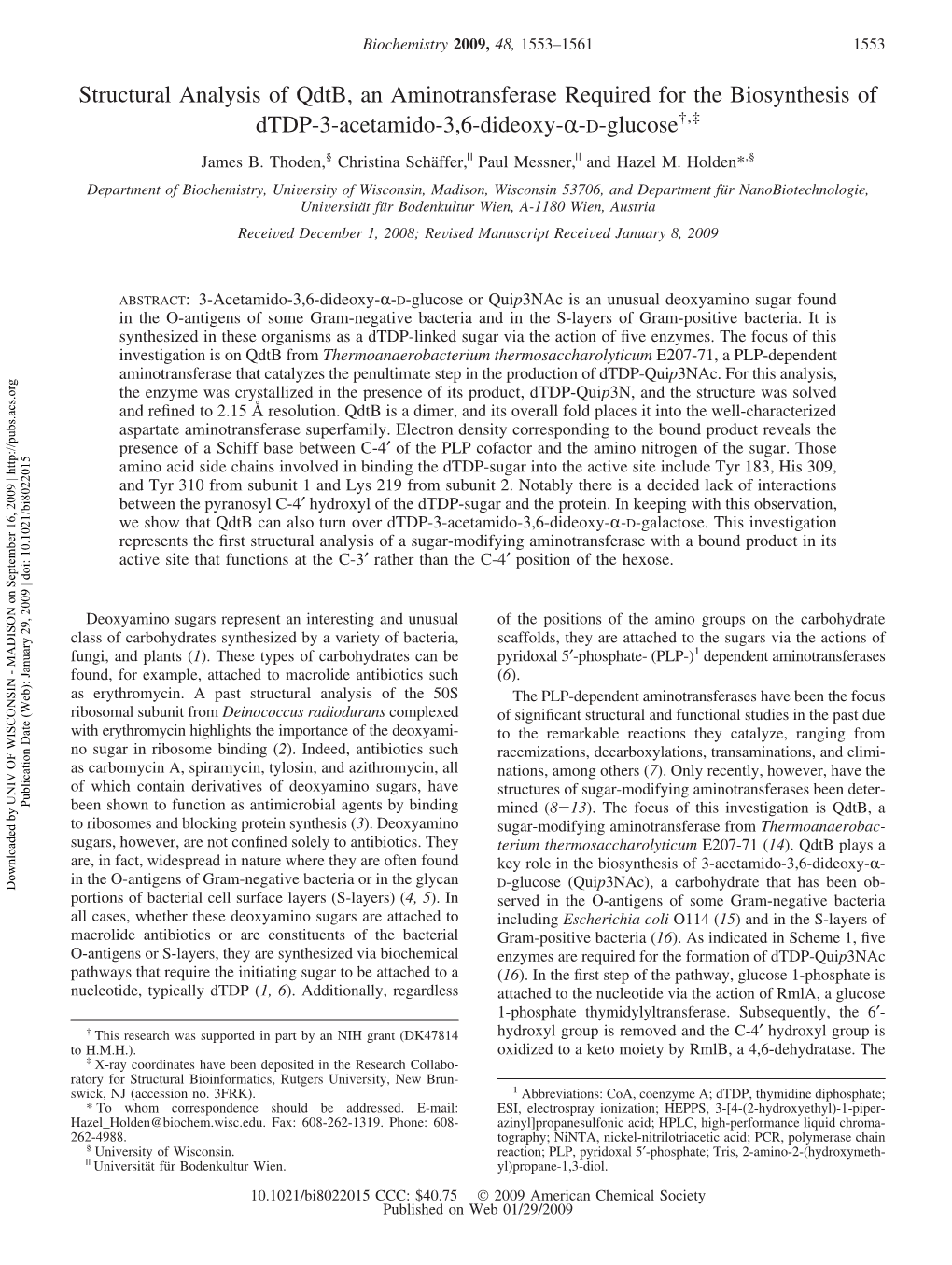 Structural Analysis of Qdtb, an Aminotransferase Required for the Biosynthesis of Dtdp-3-Acetamido-3,6-Dideoxy-Α-D-Glucose