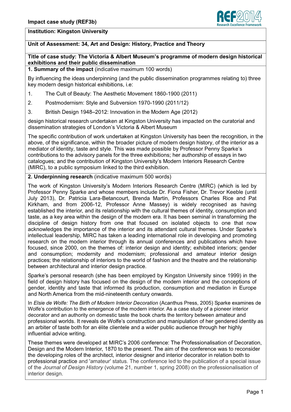 Impact Case Study (Ref3b) Page 1 Institution: Kingston University Unit